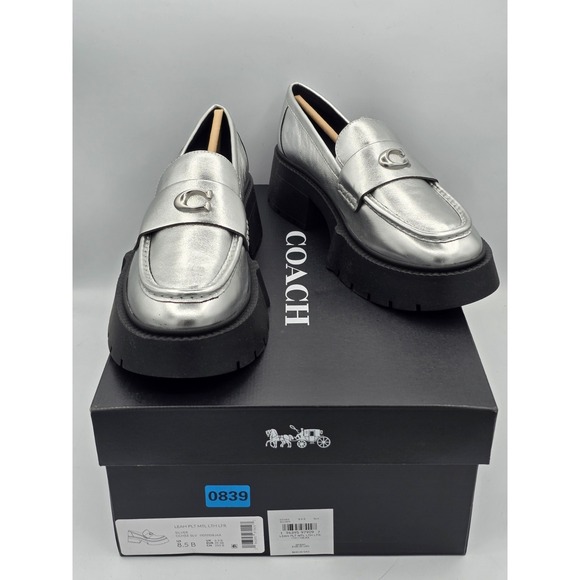 Coach Leah Metallic Leather Silver Loafers Chunky Heel SIZE 8.5 B NEW MSRP $195 main image 8